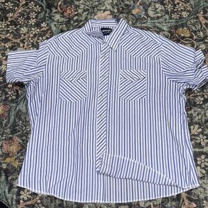Wrangler Men's White and Blue Pearl Snap Striped Shirt
